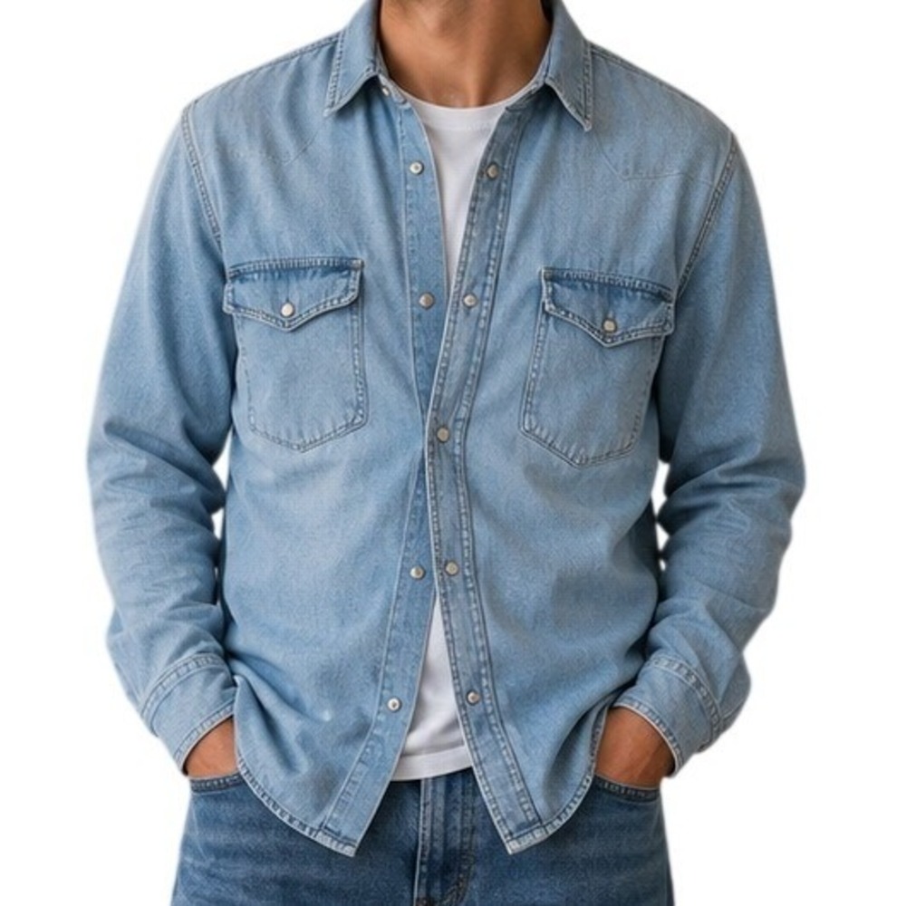 Deerskin Melton Shirt Co Light Wash Flannel Lined Denim Long Sleeve Men's Large